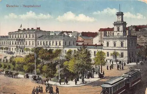 B051 Polen Warschau Warszawa Hauptbahnhof Bahnhof Straßenbahn Vintage Postkarte