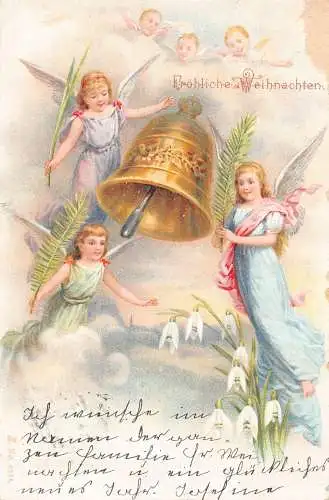 B046 Weihnachtsgrüße 1900 Engel Schneeglöckchen Blumen Glocke Cherubs Postkarte