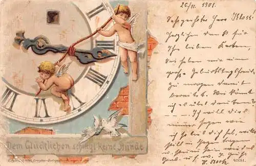B045 Neujahrsgrüße 1901 Cherubs bewegliche Uhr Nadeln Taube Vögel Postkarte