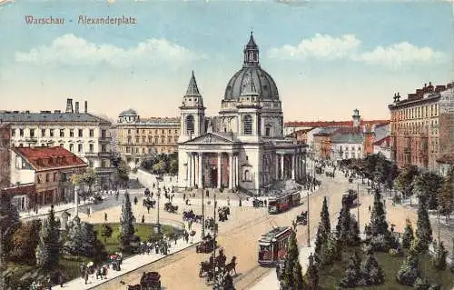 B051 Polen 1917 Warschau Warschau Alexanderplatz Platz Straßenbahn 1. Weltkrieg Feldpostkarte