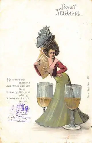 B046 Neujahrsgrüße 1905 Glamour Frau Fan Riesen Sektgläser Postkarte