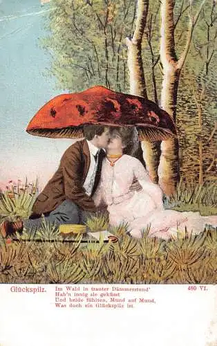 B046 Liebesromantik Fantasy Paar Kuss unter Riesenpilz Glueckspilz Postkarte
