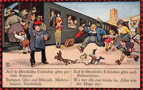 B045 Auf de schwäbische Eisebahne Reisende Hunde Kinder Zug Postkarte