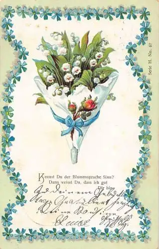 B046 Frühlingsgrüße 1903 Maiglöckchen Blumenstrauß Prägepostkarte