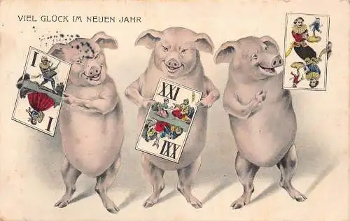 B044 Neujahrsgrüße 1902 Humanisierte Schweine halten Spielkarten Vintage Postkarte