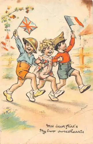 B047 Alliierte Propaganda Erster Weltkrieg Französische und Britische Jungen Meine zwei Schätzchen Postkarte