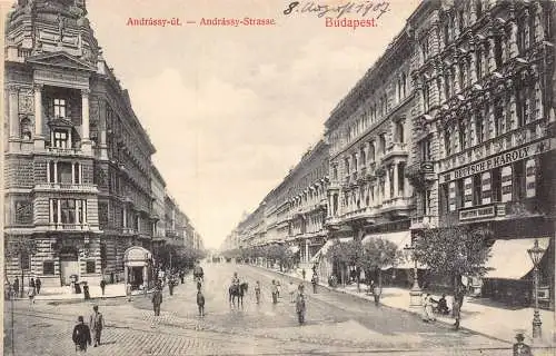 B052 Ungarn Budapest Andrassy ut Straße Deutsch F Karoly Geschäft Vintage Postkarte