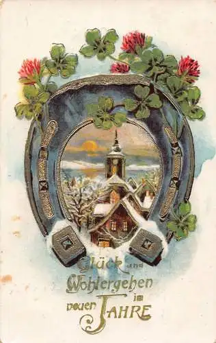 B046 Neujahrsgrüße 1934 Hufeisen Kleeblatt Mondschein Kirche Prägung Postkarte