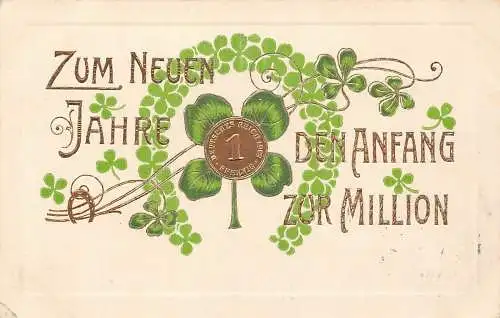 B045 Neujahrsgrüße 1909 Allegorisches Hufeisen der Kleeblätter Million Postkarte
