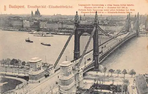 B052 Ungarn Budapest Erzebet versteckte Elisabethbrücke Dampfschiffe Vintage Postkarte