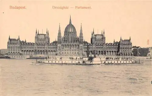 B052 Ungarn Budapester Parlament Orszaghaz Dampfschiff Vintage Postkarte