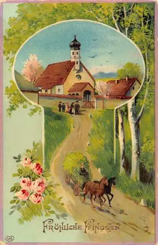 B047 Pfingstgrüße Rosenkutsche Bauernkirche Wald Postkarte