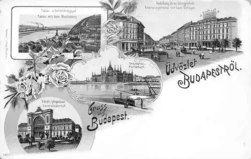 B052 Ungarn Gruss aus Budapest Udvozlet Budapestrol Rosen Mehransicht Postkarte