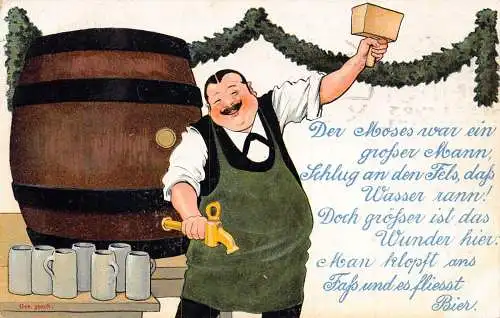 B044 Comic Humor 1923 Happy Barkeeper Bierfass und Becher Gedicht Postkarte