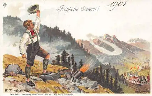 B044 Ostergrüße 1901 Österreicher Mann in Tracht Lichter Kanone Litho Postkarte