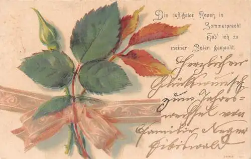 B044 Grüße 1901 Rosenknospe Blumen und Blätter Band Postkarte