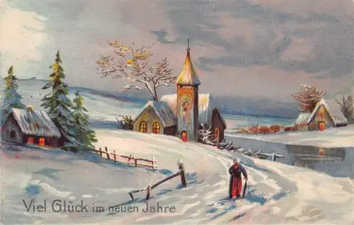 B044 Neujahrsgrüße Schneelandschaft Kirche Frau Vintage Postkarte