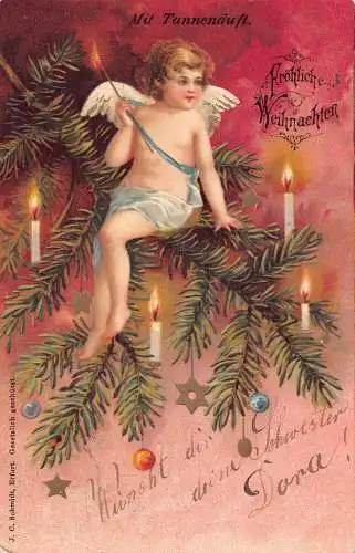 B048 Weihnachtsgrüße 1903 Cherub sitzt auf Tannenbaum Kerzen Sterne Postkarte