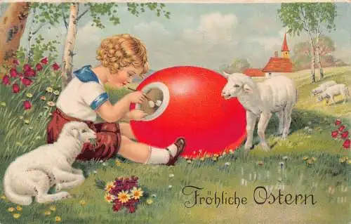 B044 Ostergrüße Junge spielt mit Weidenmuschi Riesen Rotes Ei Lämmer Postkarte