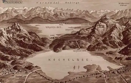 L206 Deutschland Panoramakarte Kochelsee und Berggipfel Vintage Postkarte