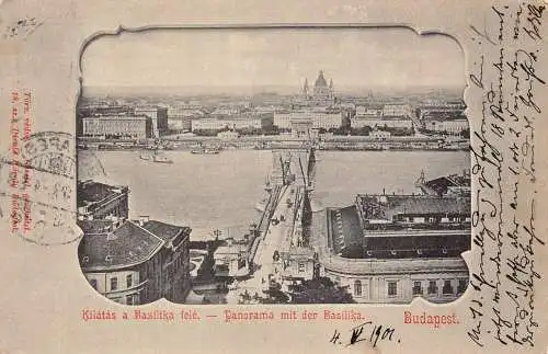 B053 Ungarn Budapest 1901 Panorama mit Basilika und Brücke Postkarte