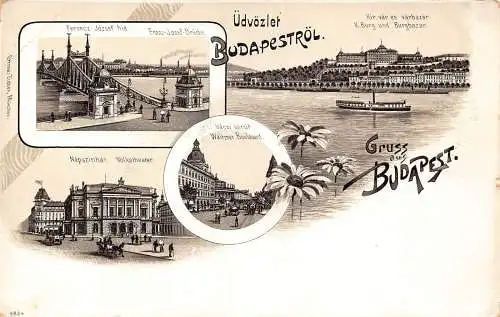 B053 Ungarn Gruss aus Budapest Udvozlet Budapestrol Dampfschiff Blumen Postkarte