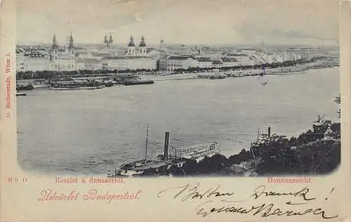 B053 Ungarn 1897 Udvozlet Budapestrol Donauansicht Dampfer Mondschein Postkarte