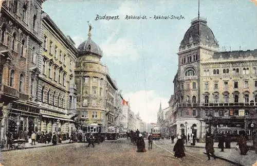 B053 Ungarn Budapest Rakoczi ut Straße Straßenbahn Vintage Postkarte