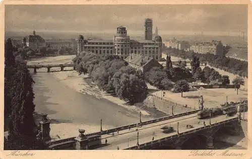 L155 Deutschland 1927 München Deuksches Museum Brücke, Zug Vintage Postkarte