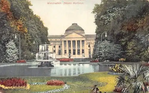 L205 Deutschland 1908 Wiesbaden Neues Kurhaus Brunnen Vintage Postkarte