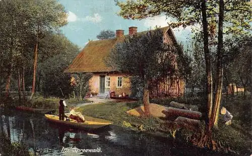 L201 Deutschland Im Spreewald Boot Holzhaus Vintage Postkarte