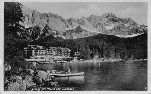 L201 Deutschland 1939 Eibsee mit Hotels und Zugspitze Boot Vintage Postkarte