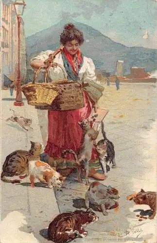 B032 Italien Jobart Mädchen Kaufmann Fleisch für Katzen Venitrice carne 1903 Postkarte