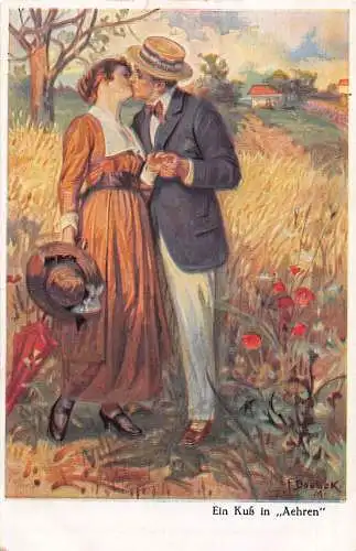 Kunst signiert F Doubeck Paar küsst im Heufeld Vintage Postkarte