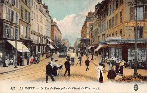 Frankreich Le Havre Rue de Paris Straßenbahn Radfahrer Hotel Produits Exotiques Postkarte