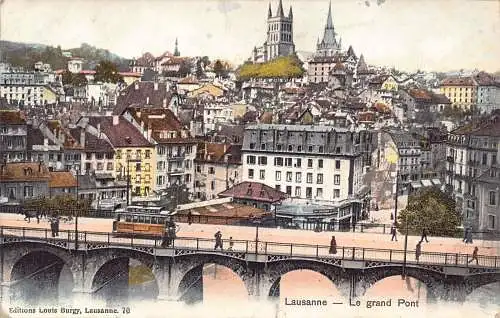 L072 Schweiz, Lausanne - Brücke Le Grand Pont, Tram Vintage Postkarte