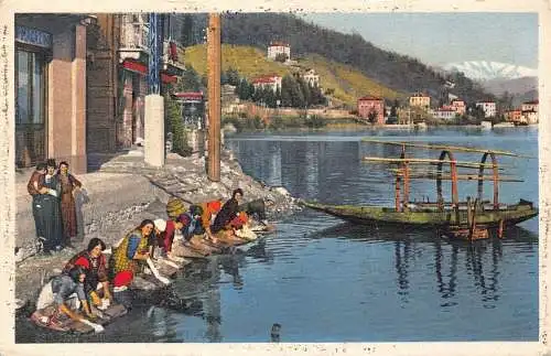 L072 Schweiz, Lugano - Wäsche waschen im Luganersee Boot Vintage Postkarte