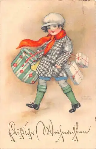 B048 Weihnachtsgrüße 1928 Mädchen fürsorglich Geschenke Kunst von Hannes Petersen Postkarte