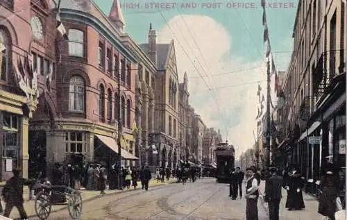 England 1909 High Street and Post Office Exeter Tram Vintage Postkarte