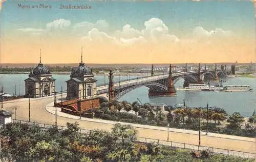 L187 Deutschland Mainz am Rhein Strassenbrücke Dampfschiffe Vintage Postkarte