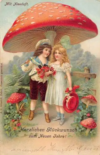 L192 Neujahrsgrüße 1908 Kinder Romantik Riesen Pilz Glück Litho Postkarte