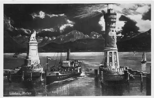 L186 Deutschland Lindau Hafel Leuchttürme Mondschein Dampfer Vintage Postkarte