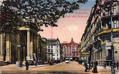L187 Deutschland Stuttgart Königsbau Post und Bahnhof Straßenbahn Blumen Auto Postkarte