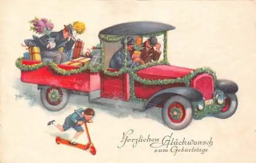 B045 Geburtstagsgrüße Butlers Pflege Geschenke Blumen Auto Junge auf Roller Postkarte