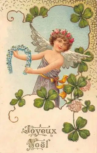 L222 Weihnachtsgrüße 1905 Cherub Hufeisen Kleeblatt Glück geprägte Postkarte