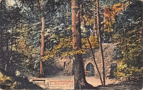 L264 Deutschland 1910 Hanau-Wilhelmsbad Einsiedelei Bänke Waldv Postkarte