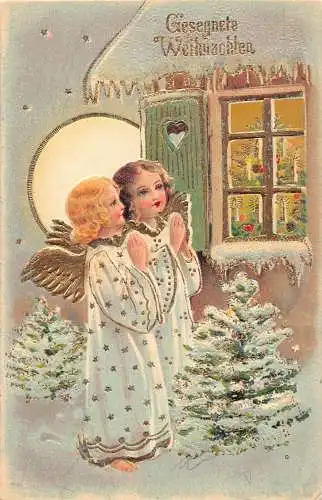 L222 Weihnachtsgrüße 1910 Engel Baum geprägt Postkarte