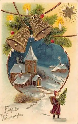 L222 Weihnachtsgrüße 1908 Weihnachtsmann lila Gewand Glocken Baum geprägte Postkarte