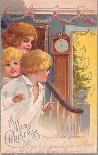 L222 Weihnachtsgrüße Kinder Uhr Weihnachtsbaum geprägte Postkarte