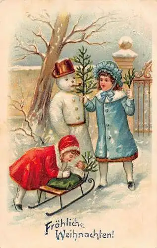 L222 Weihnachtsgrüße 1909 Kinder Schlittenpuppe Schneemann Prägepostkarte